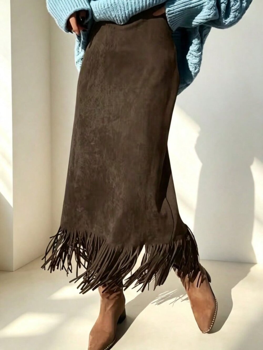 Grey Elegant Boho Women's Plain Faux Leather Velvet Fringed Long Pencil Skirt